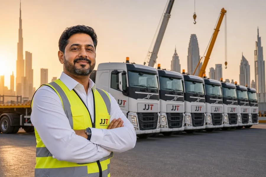 Locally owned transport company owner standing with JJT heavy truck fleet — personal commitment to every customer