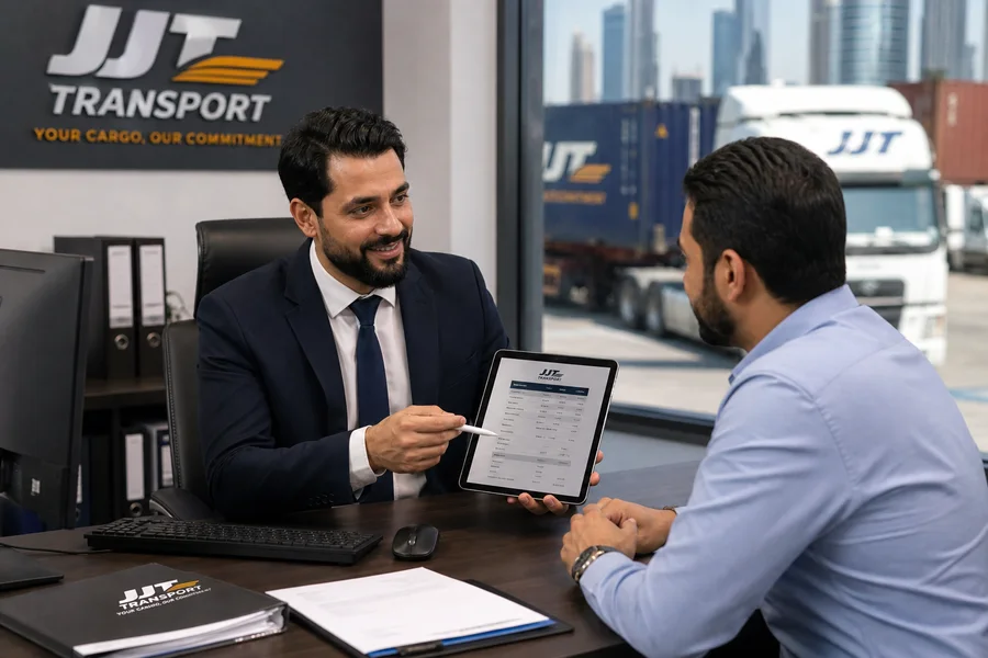 JJT team member consulting with a client on transport requirements and quote details